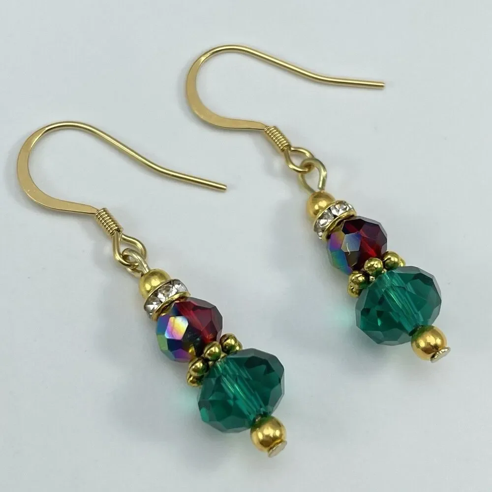 18K Gold Plated Teal Green Red AB Glass Beaded Dangle Earrings Dainty Unique